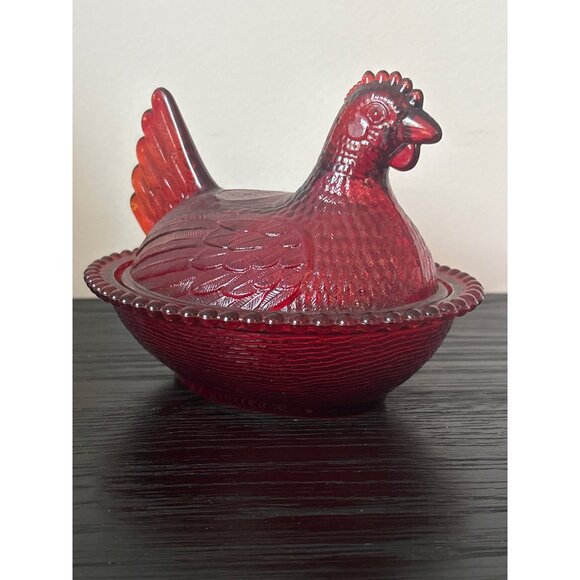 VTG Indiana Glass Ruby Red Glass Hen on Nest Dish Flashed Painted Farmhouse MCM - Picture 4 of 14